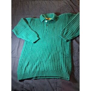 Vintage Laura Peterson Chunky Cable Knit Sweater Collared Green Wool Mix Medium